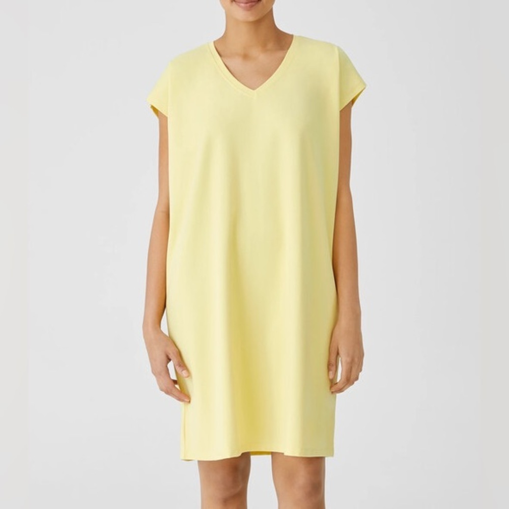 New Eileen Fisher Cotton Stretch Jersey V Neck Dress T Shirt Boxy Yellow Sz S